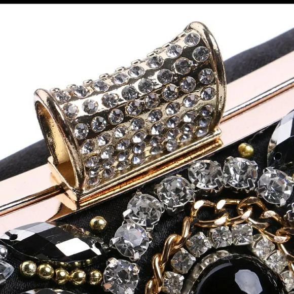 Women's Evening Bag Diamonds Party Prom Clutch Purse Floral Bride Black Handbag - Picture 5 of 13